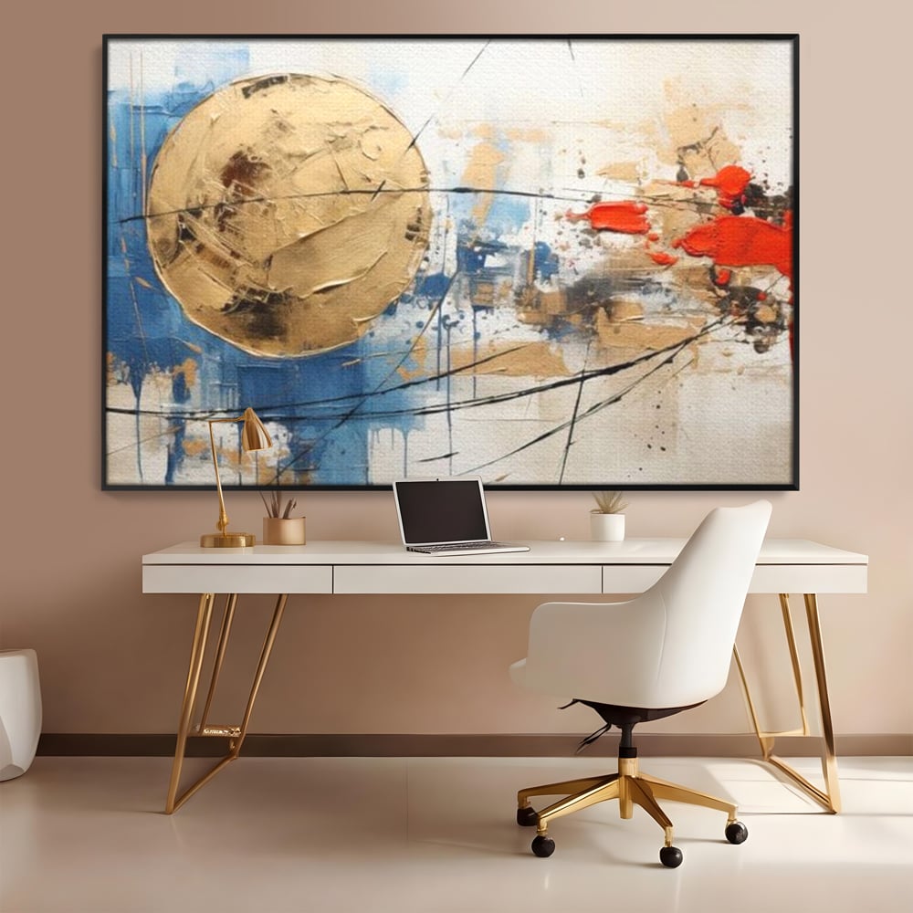 Tablou canvas cu pictura abstracta cu cerc auriu si pete rosii, in rama de aluminiu negru, pe perete intr-un birou